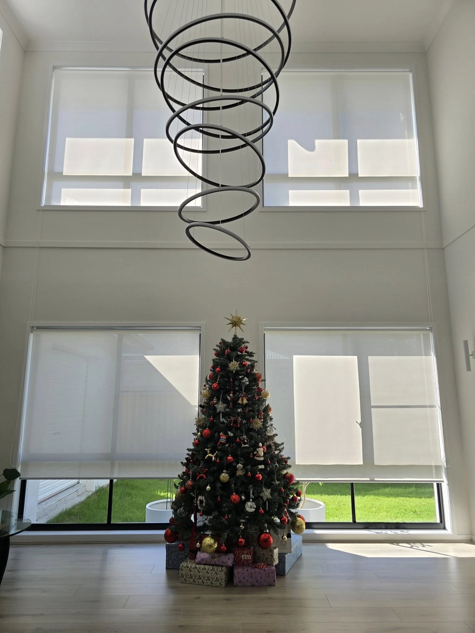 Roller Blinds under the chandelier