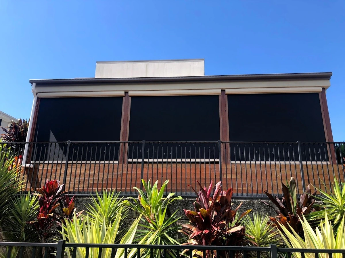 Front view of outdoor blinds on patio areas