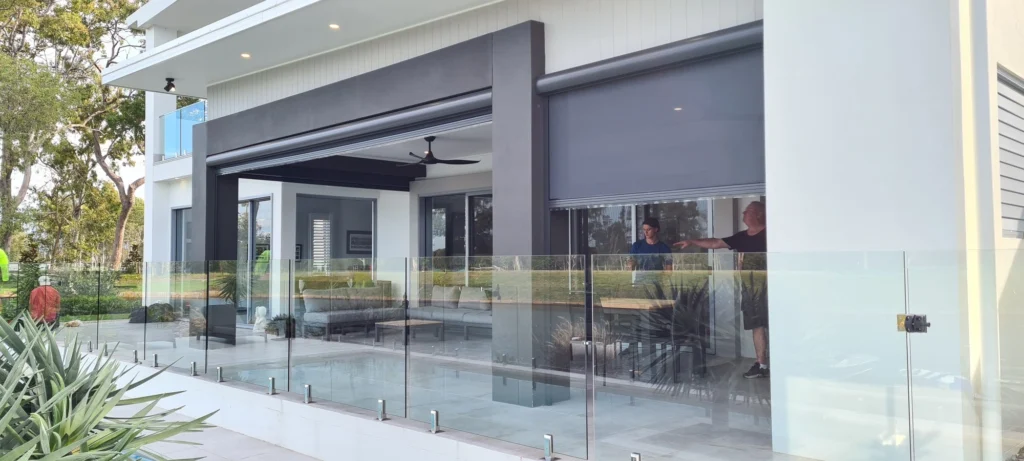 Outdoor roller blinds on pool area