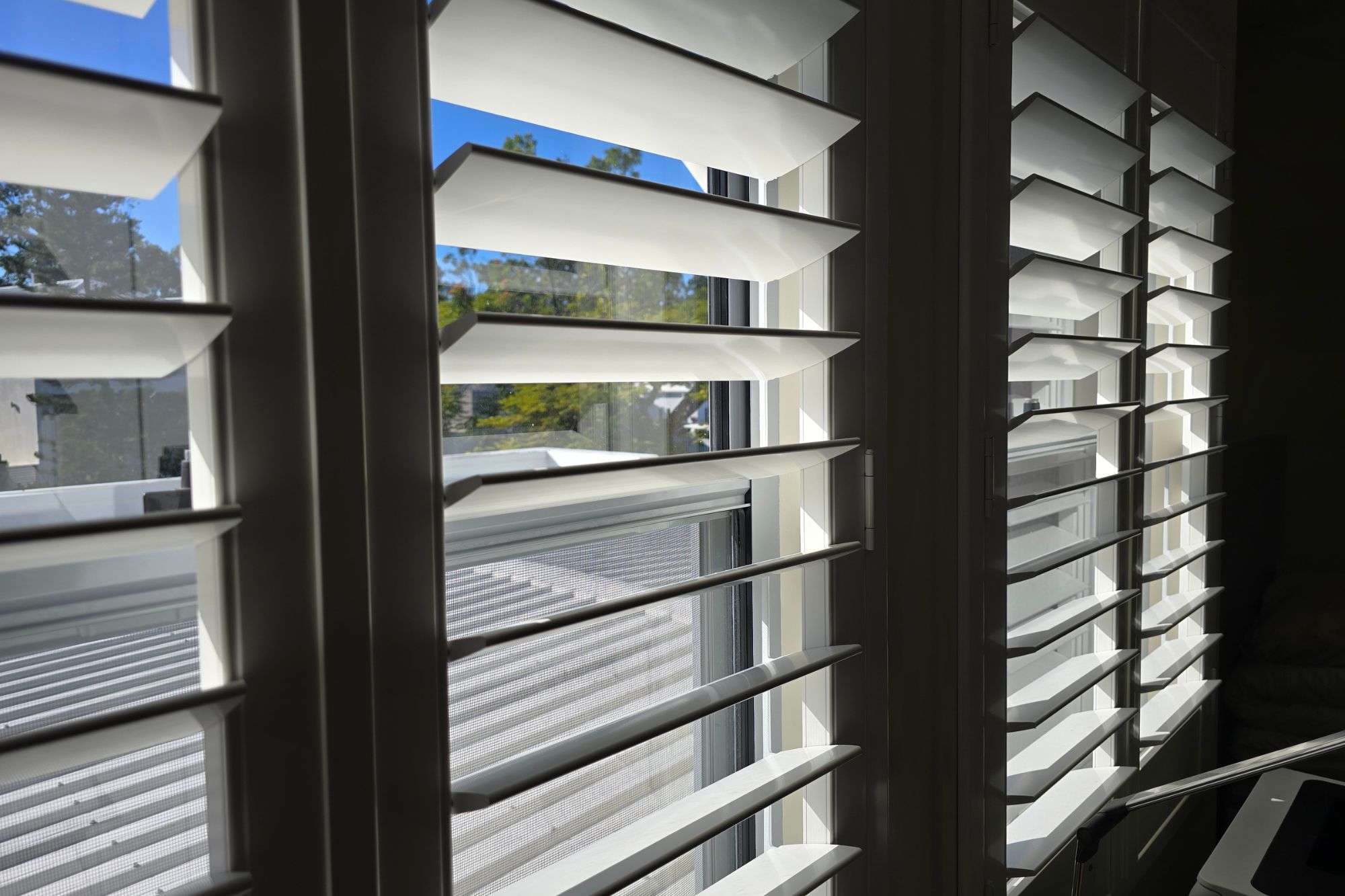 Close up of plantation shutters on window